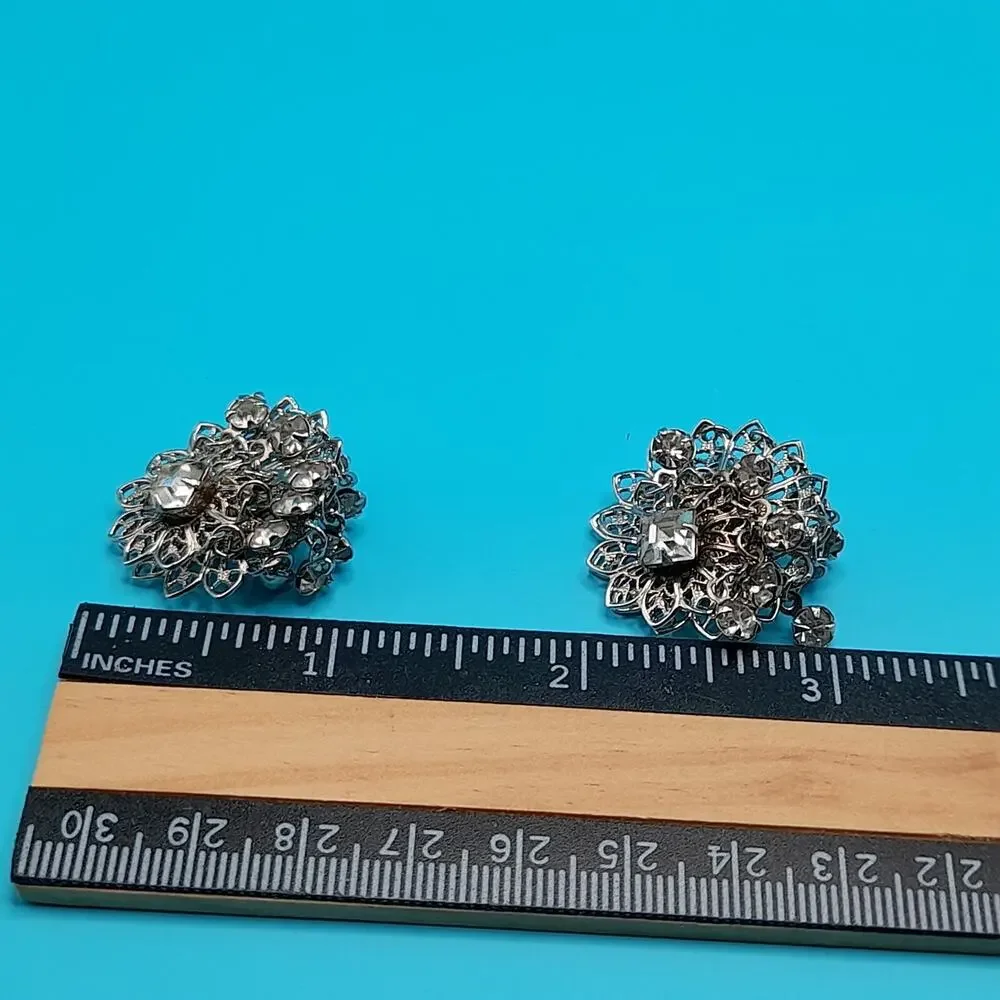 Vintage Waterfall Rhinestone Filigree Clip-On Earrings Tassel Dangle